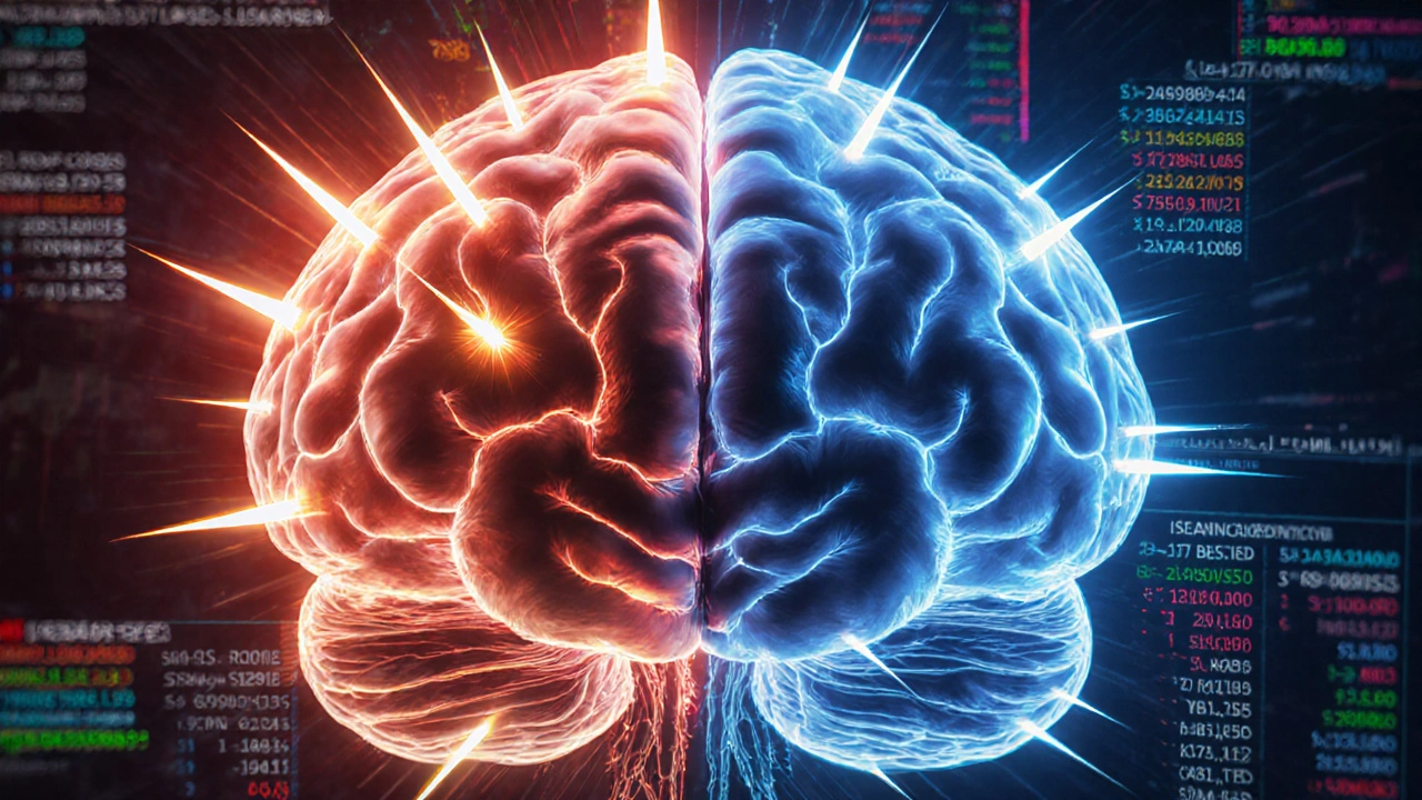 Brain with neural pathways showing data-driven discipline versus emotional impulses in trading.