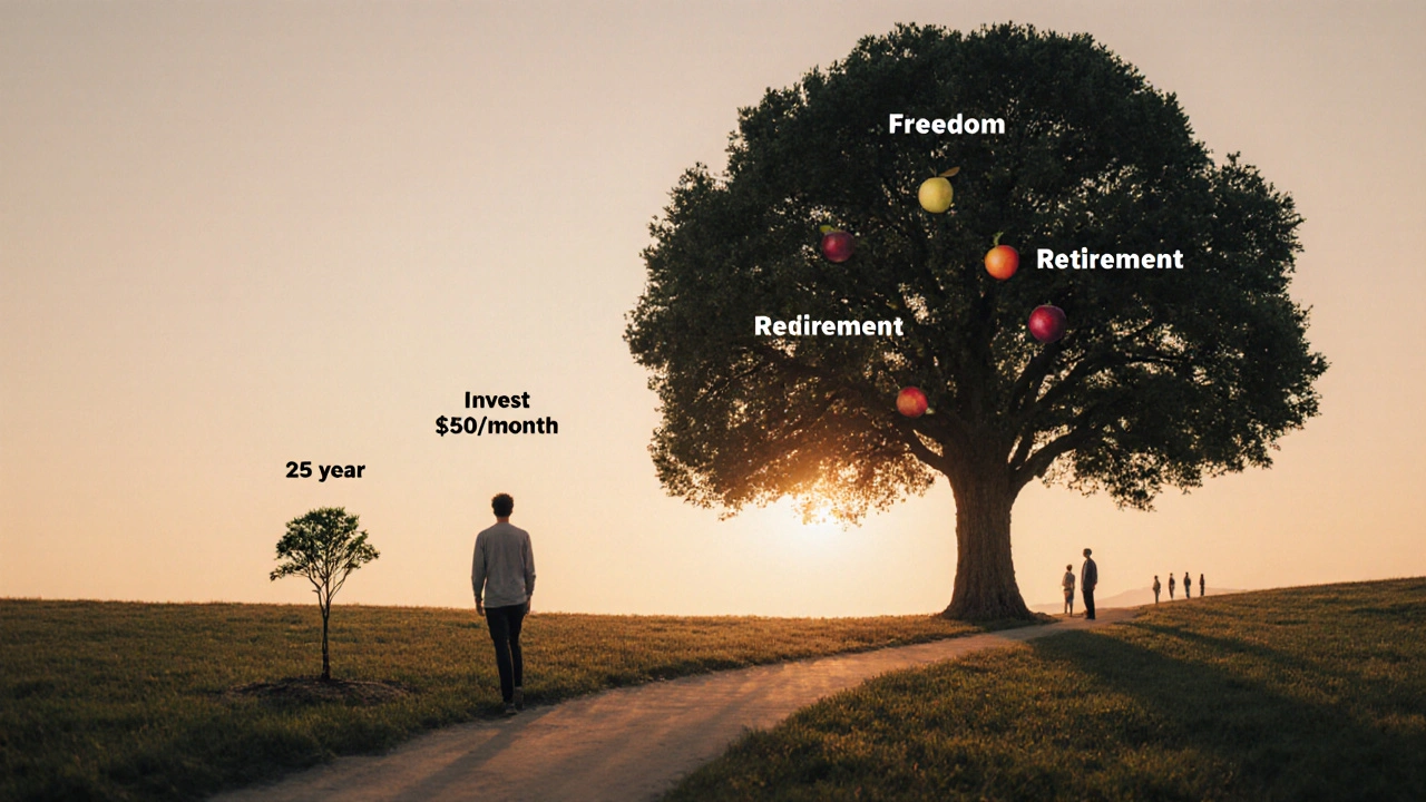 A tree growing over decades from a small investment, symbolizing compounding wealth and freedom.