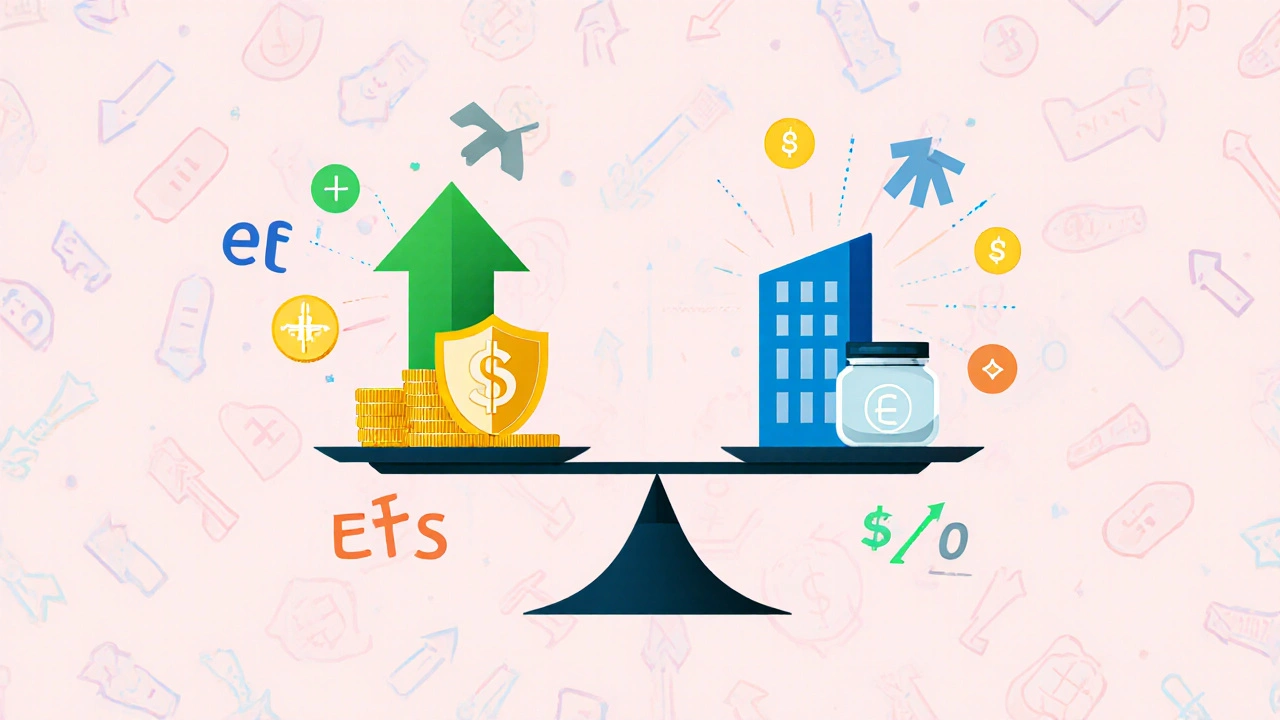 Balanced scale with icons for stocks, bonds, REITs on one side and cash, savings on the other.