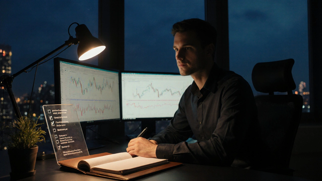 Calm trader reviewing charts and a checklist in a dim office at dusk.