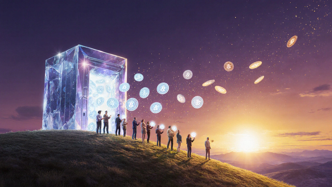 Conceptual scene of a community receiving gradually released tokens at sunrise.