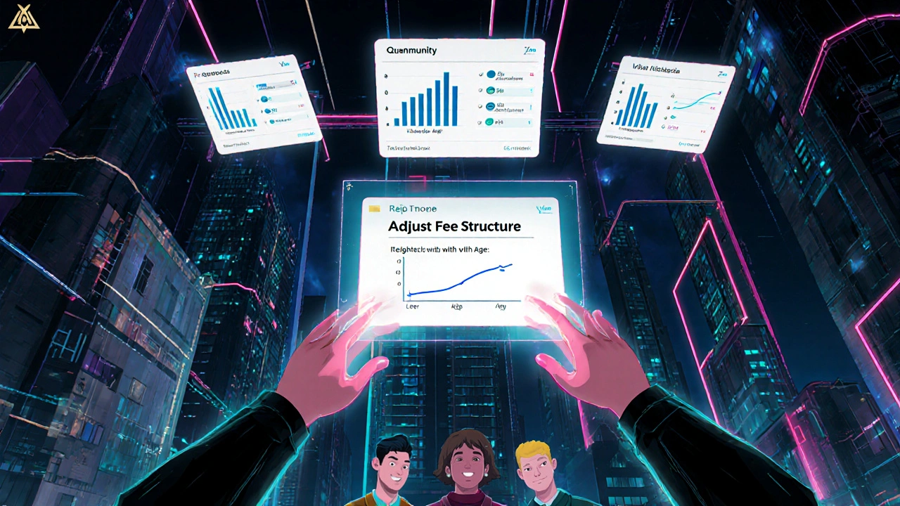 Cyber‑punk illustration of avatars voting on a proposal with different voting models displayed.