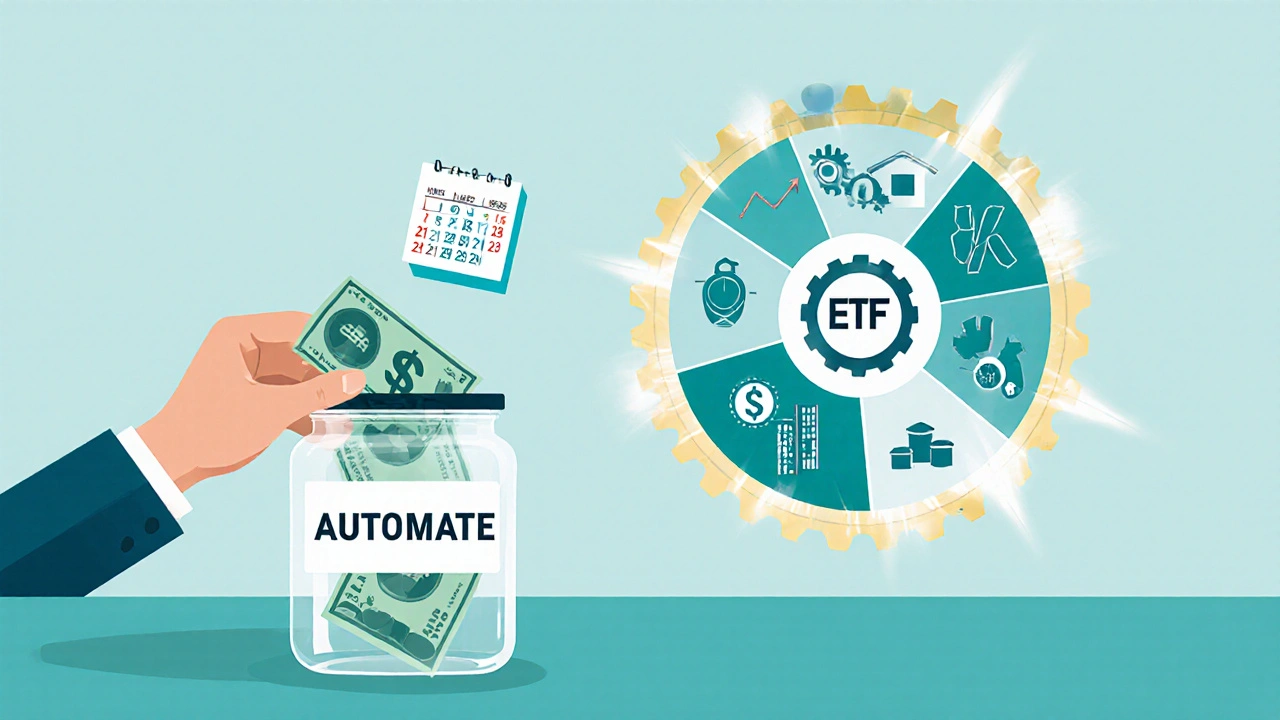 Flat‑design collage of automated savings, calendar, diversification icons, and low‑cost fund gear.