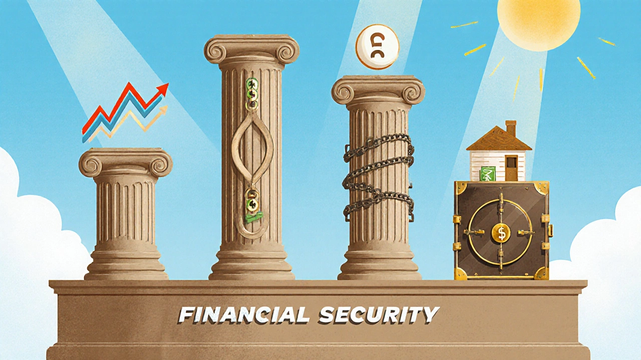 Four symbolic pillars representing stocks, bonds, real estate, and cash equivalents supporting financial security.