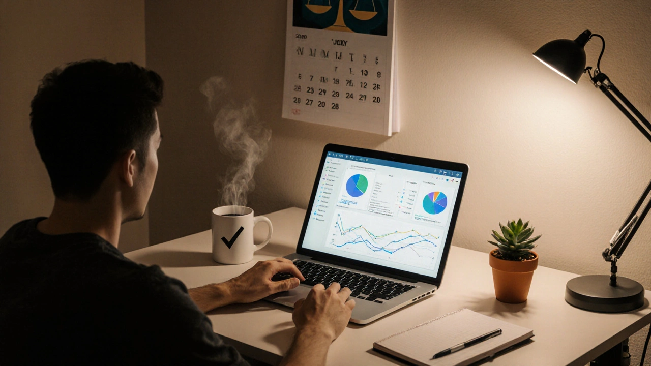 Home office scene of a person reviewing abstract investment charts on a laptop with a calendar marked for rebalance.