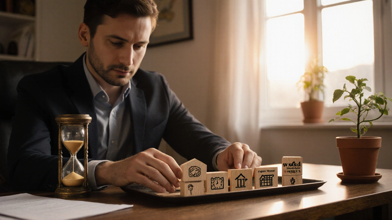 Investor rearranging wooden asset blocks on a desk beside a sunrise window and a half‑filled hourglass.