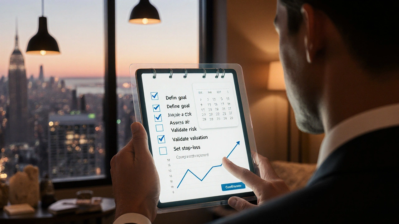 Investor reviewing a smart investment checklist on a tablet with rising graph.