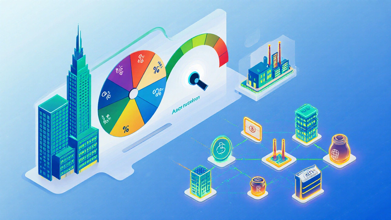 Isometric dashboard showing diversified portfolio allocation and risk meter.