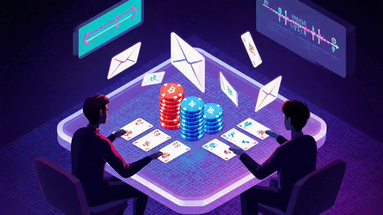 Isometric view of a virtual poker table with crypto chips and floating signed messages representing off‑chain updates.