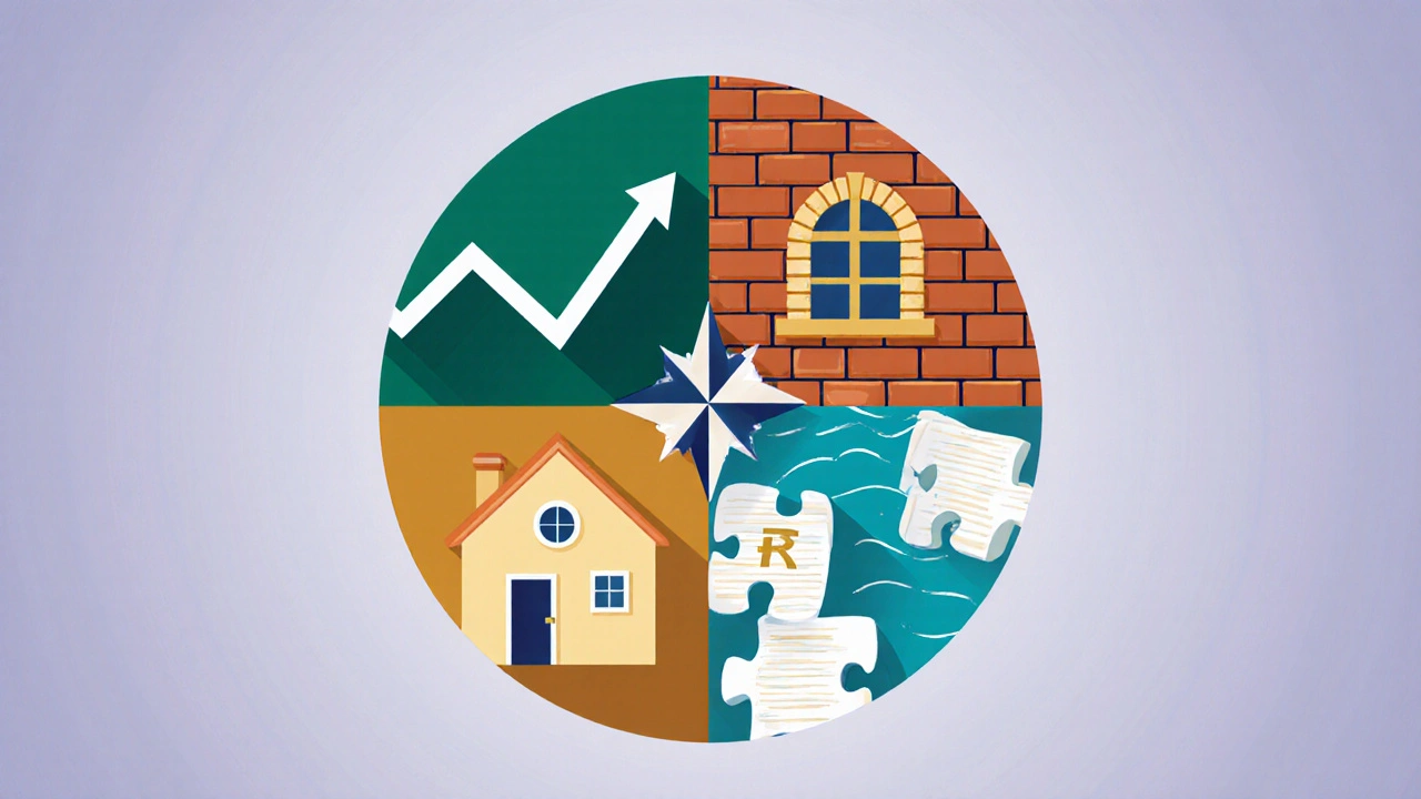 Mandala illustration divides portfolio into stocks, bonds, real estate, ETFs, and mutual funds.