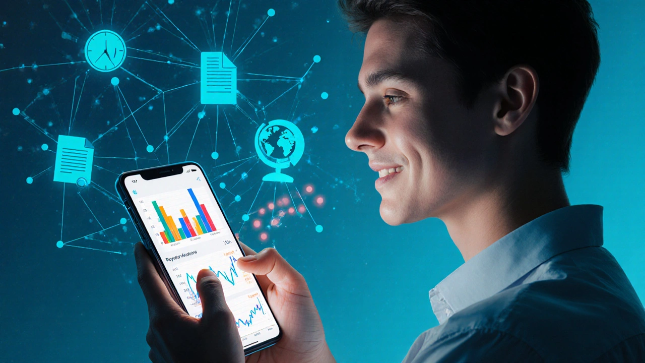 Person holding smartphone showing abstract portfolio graphs, representing a robo‑advisor.
