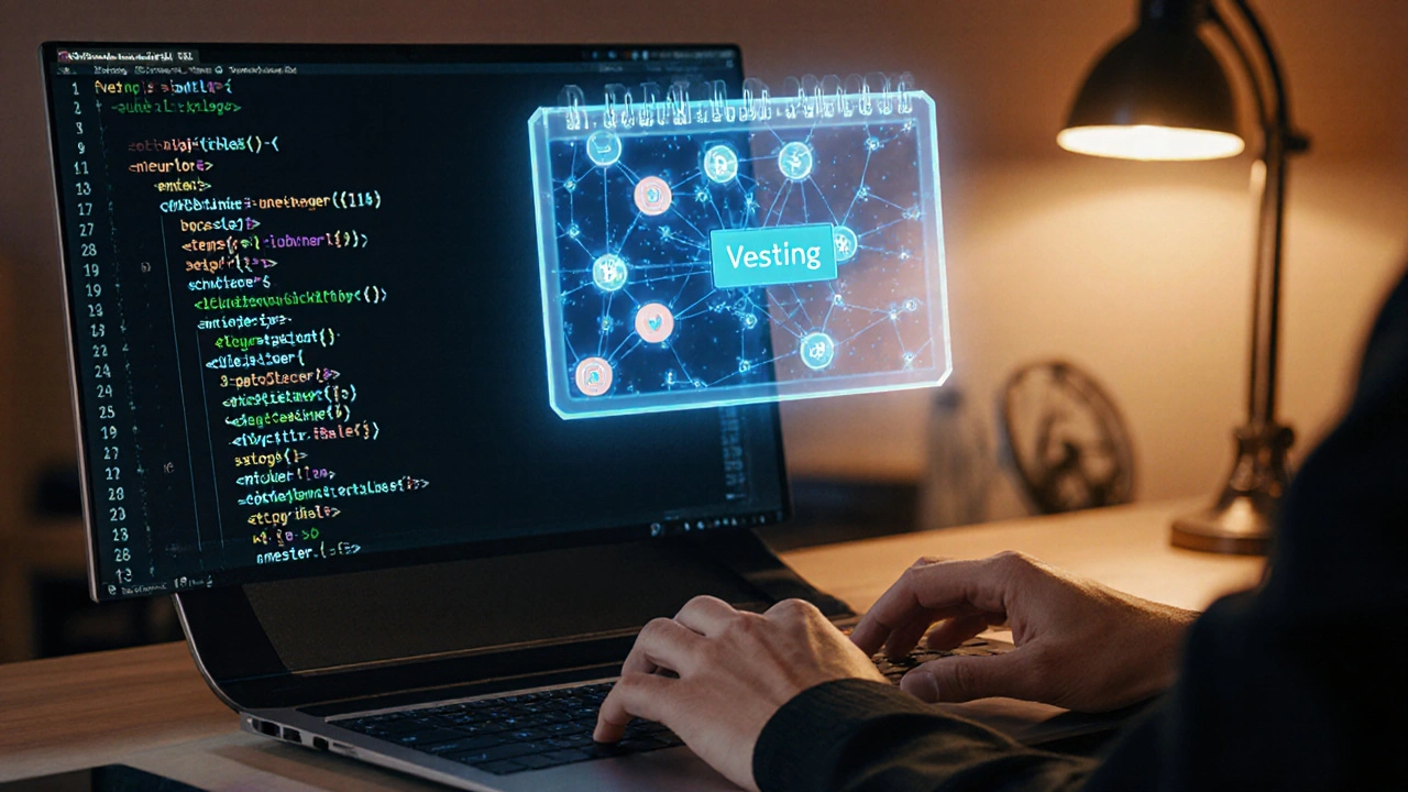 Photorealistic workspace showing a developer coding a vesting smart contract.