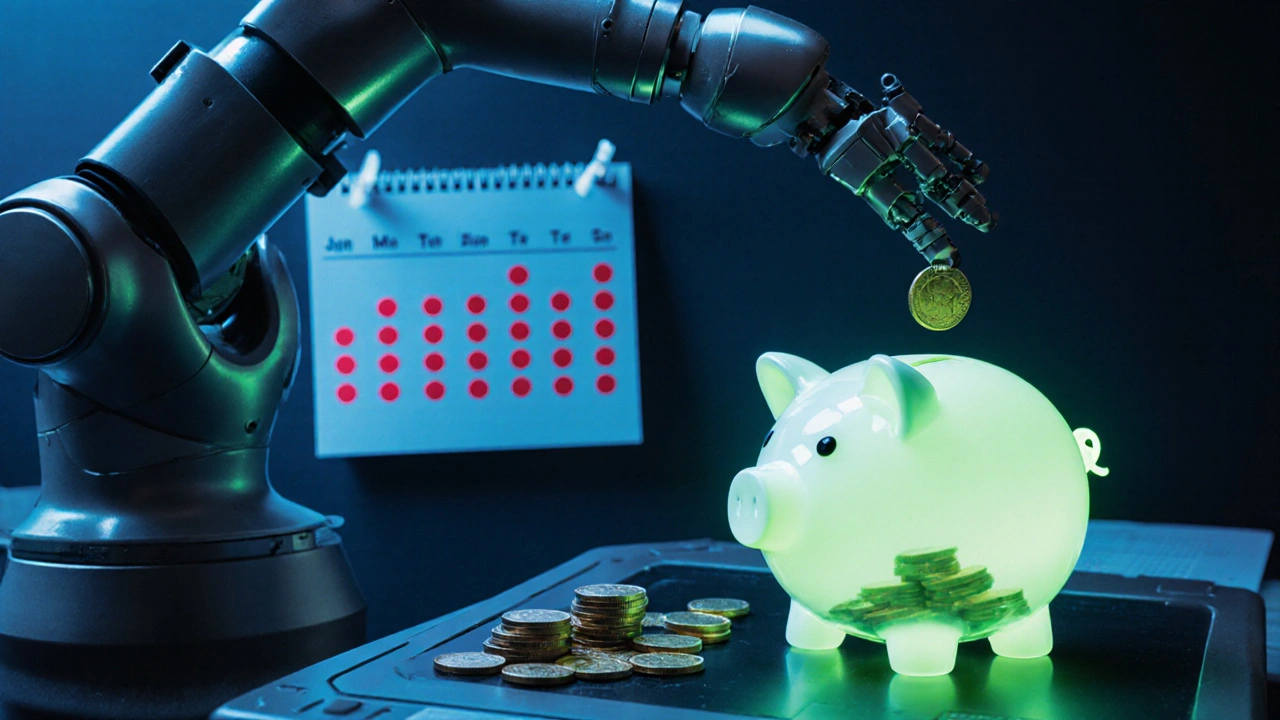 Robot arm depositing coins into a growing piggy bank while a calendar shows regular dates.