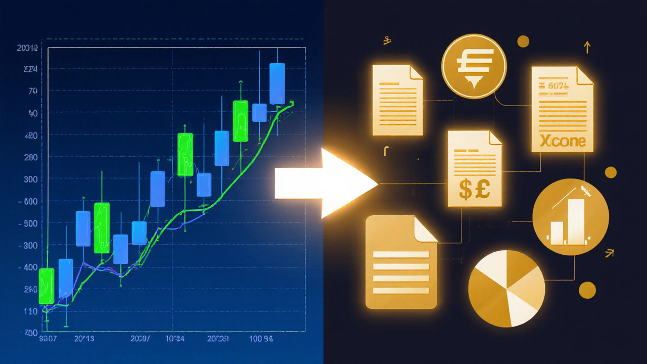 Split illustration of chart analysis on left and financial icons on right.