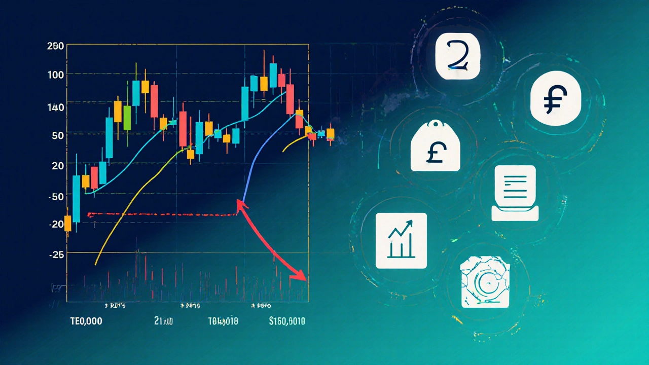 Split view of a candlestick chart with stop‑loss line beside icons of financial metrics.
