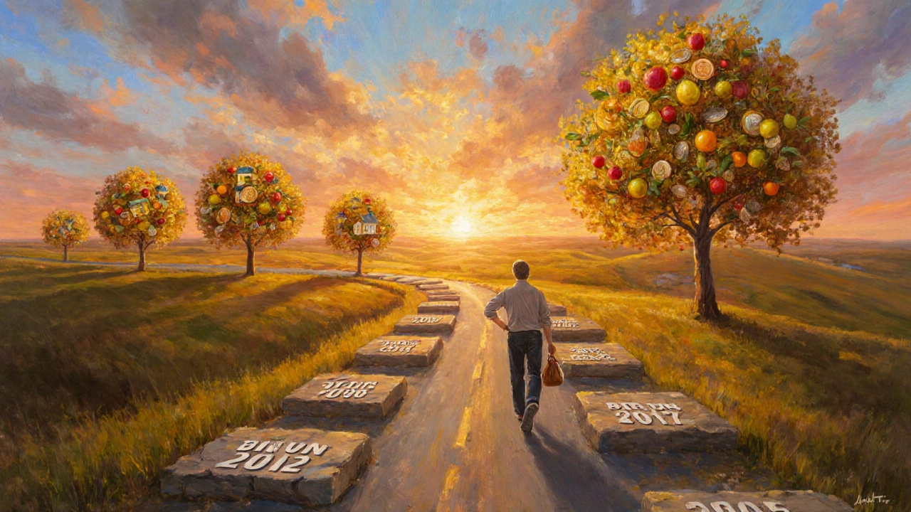 Sunrise road scene shows a person walking toward golden trees with coin fruits, representing wealth growth.