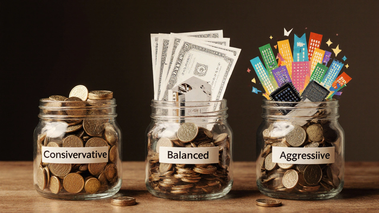 Three labeled jars representing conservative, balanced, and aggressive asset allocations filled with coins, bonds, and stock certificates.