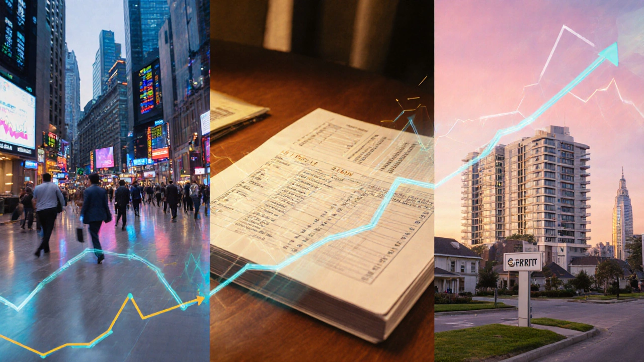Three‑panel digital painting showing stock exchange, bond ledger, and real estate scene with a faint index fund overlay.