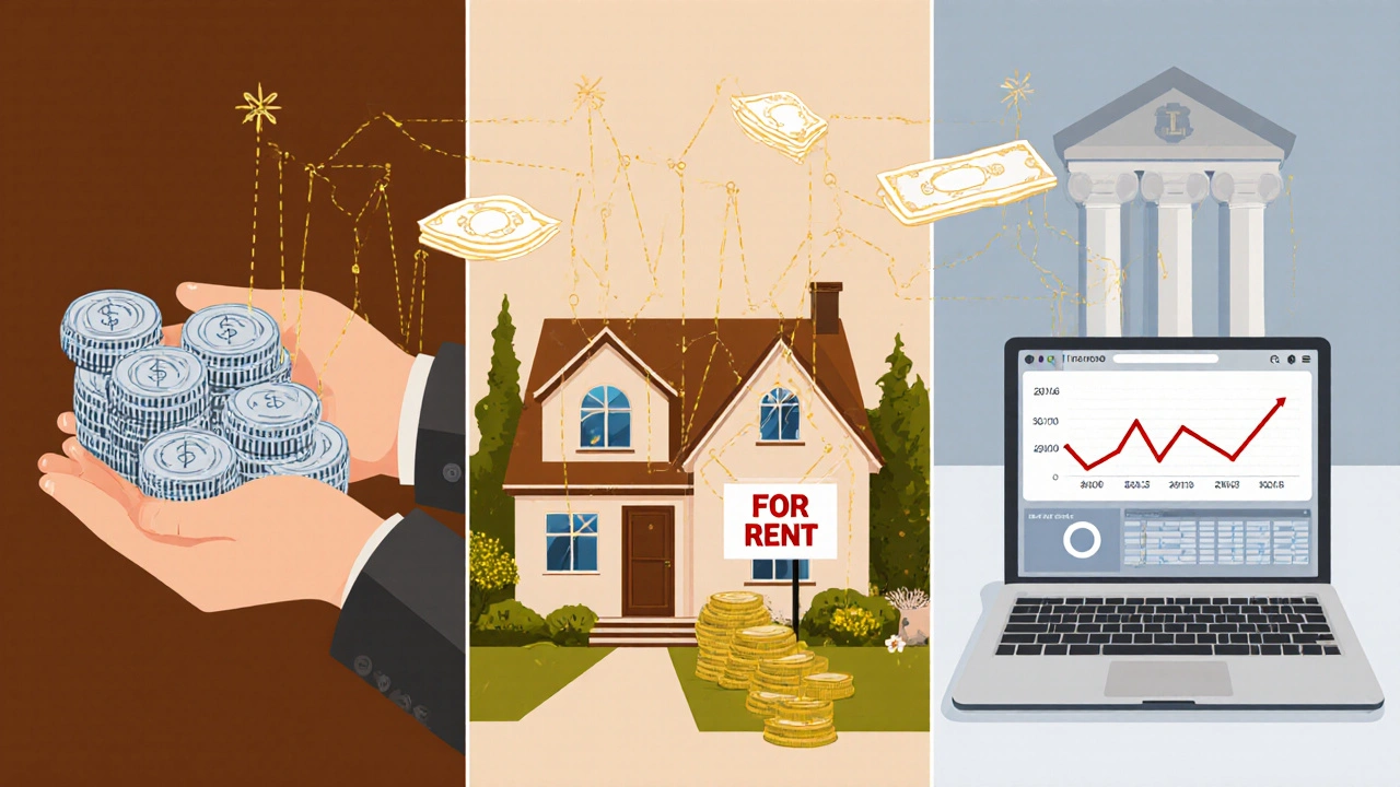 Three wealth-building paths: stocks, rental property, and online business, connected by growth threads.