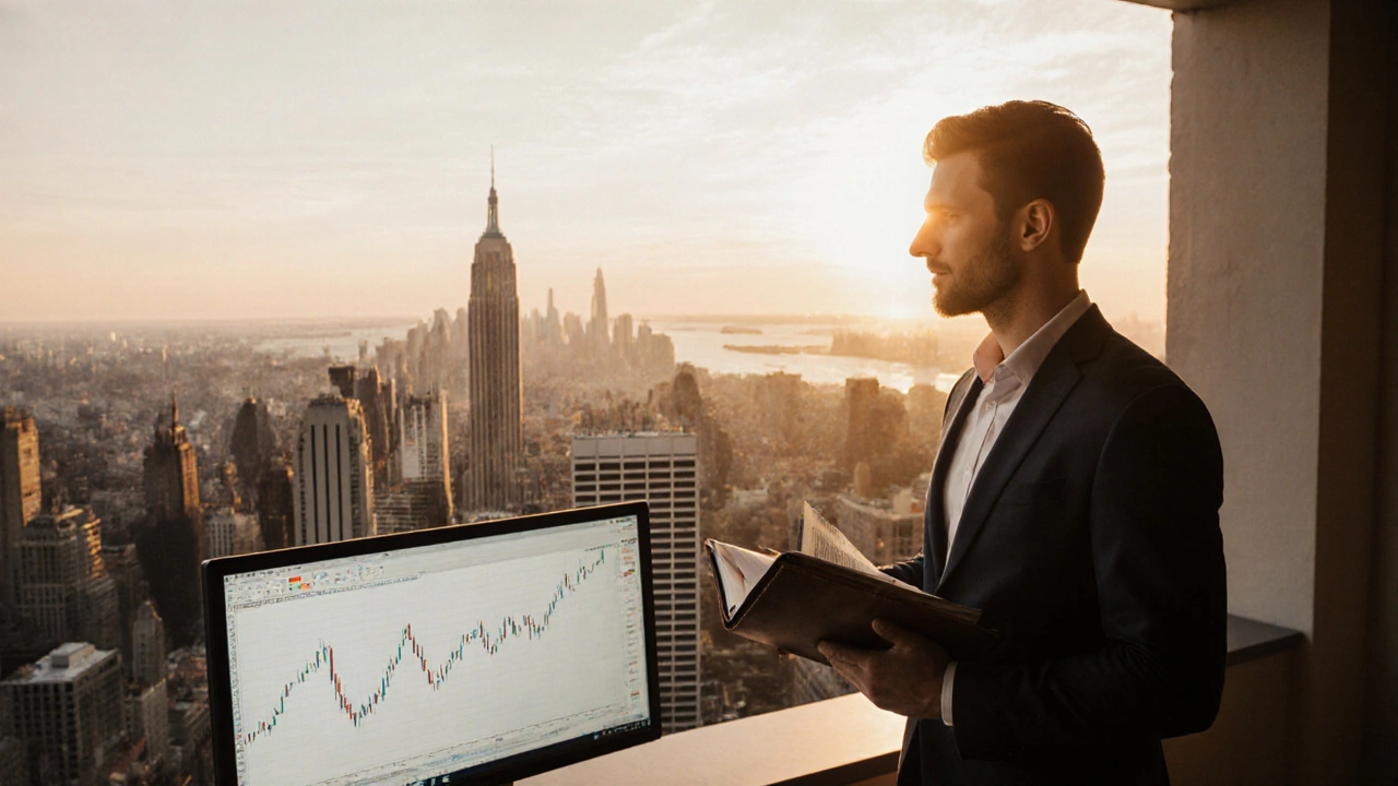 Trader on balcony at sunrise holding a journal, overlooking city skyline.