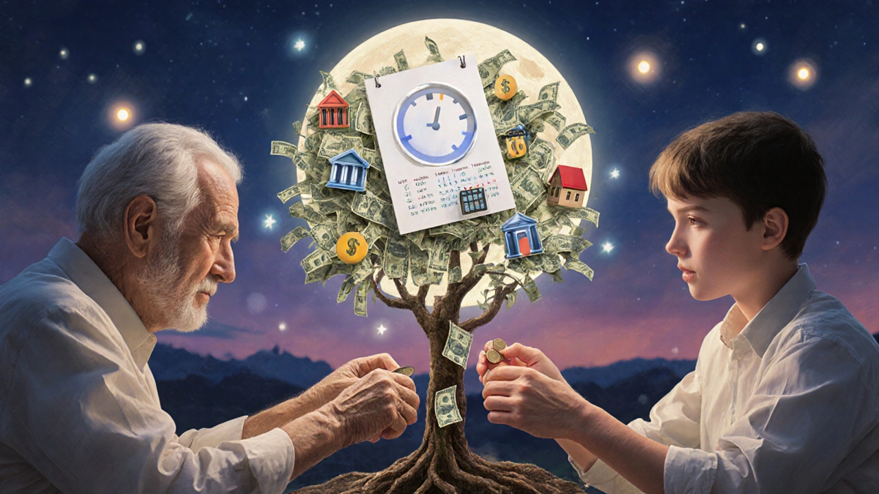 Two hands placing coins into a tree with financial assets as leaves, symbolizing compound growth over time.