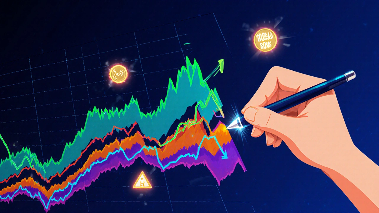 Vibrant illustration of a stock chart with head‑and‑shoulders, double‑top, and moving averages.