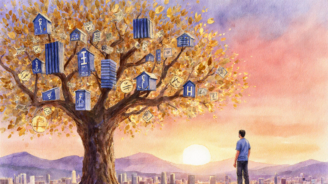 Watercolor of a man on a flourishing investment tree overlooking a sunrise city.