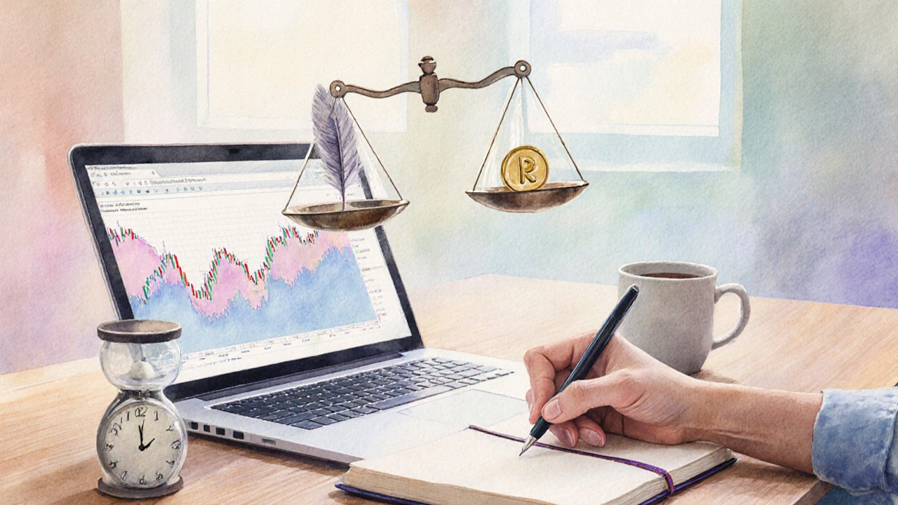 Watercolor scene of a trader reviewing a journal and laptop with a symbolic balance scale.