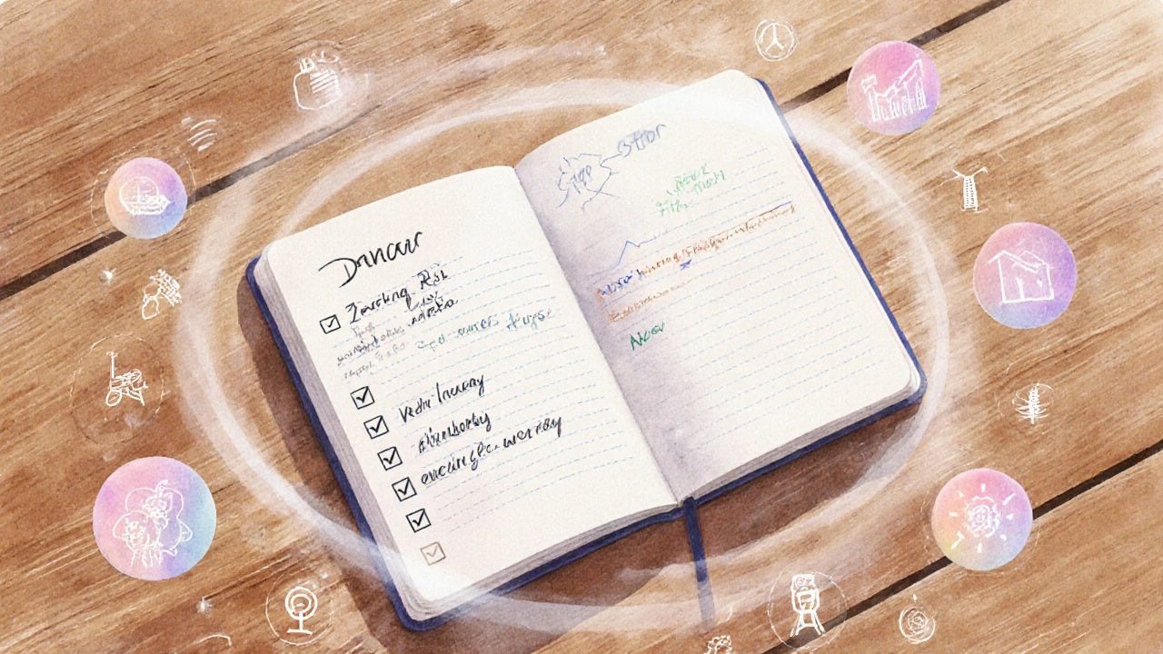 Watercolor view of journal with notes and sector icons for review.