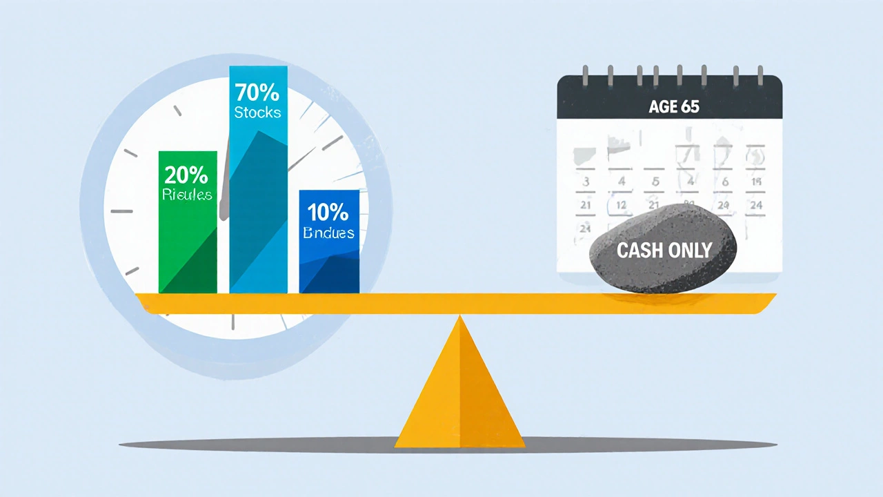 A balanced investment scale with stocks, international assets, and bonds on one side, cash on the other.