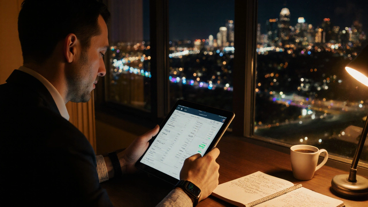 A calm trader reviewing an AI portfolio summary at night, with journal and coffee beside a smartwatch glowing softly.