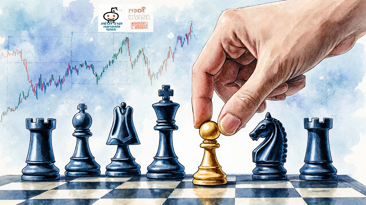 A chessboard with financial symbols, symbolizing strategic trading over impulsive gambling.