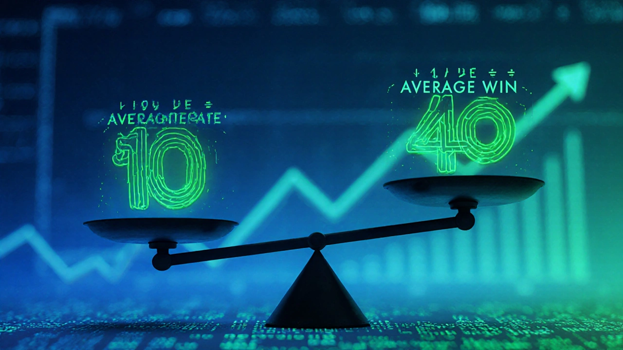 A conceptual balance scale showing trading expectancy with glowing numbers, charts in the background.