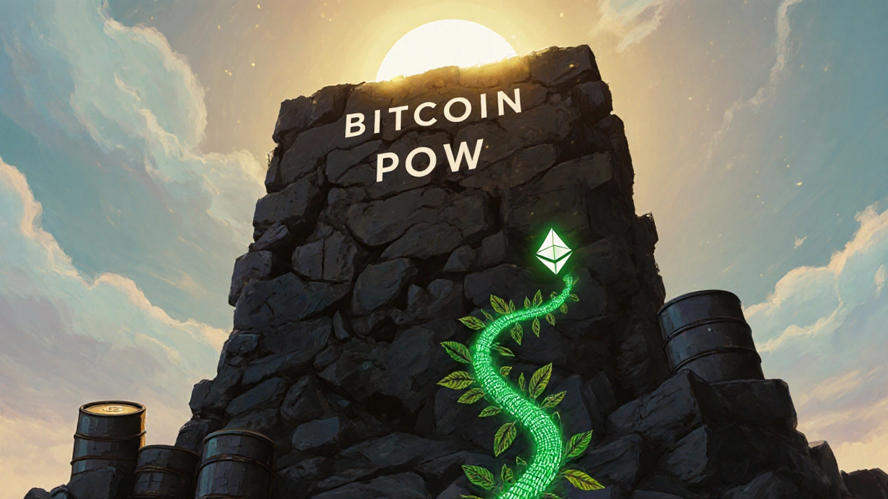 A crumbling black Bitcoin monolith towers over a small green Ethereum vine under a rising sun.
