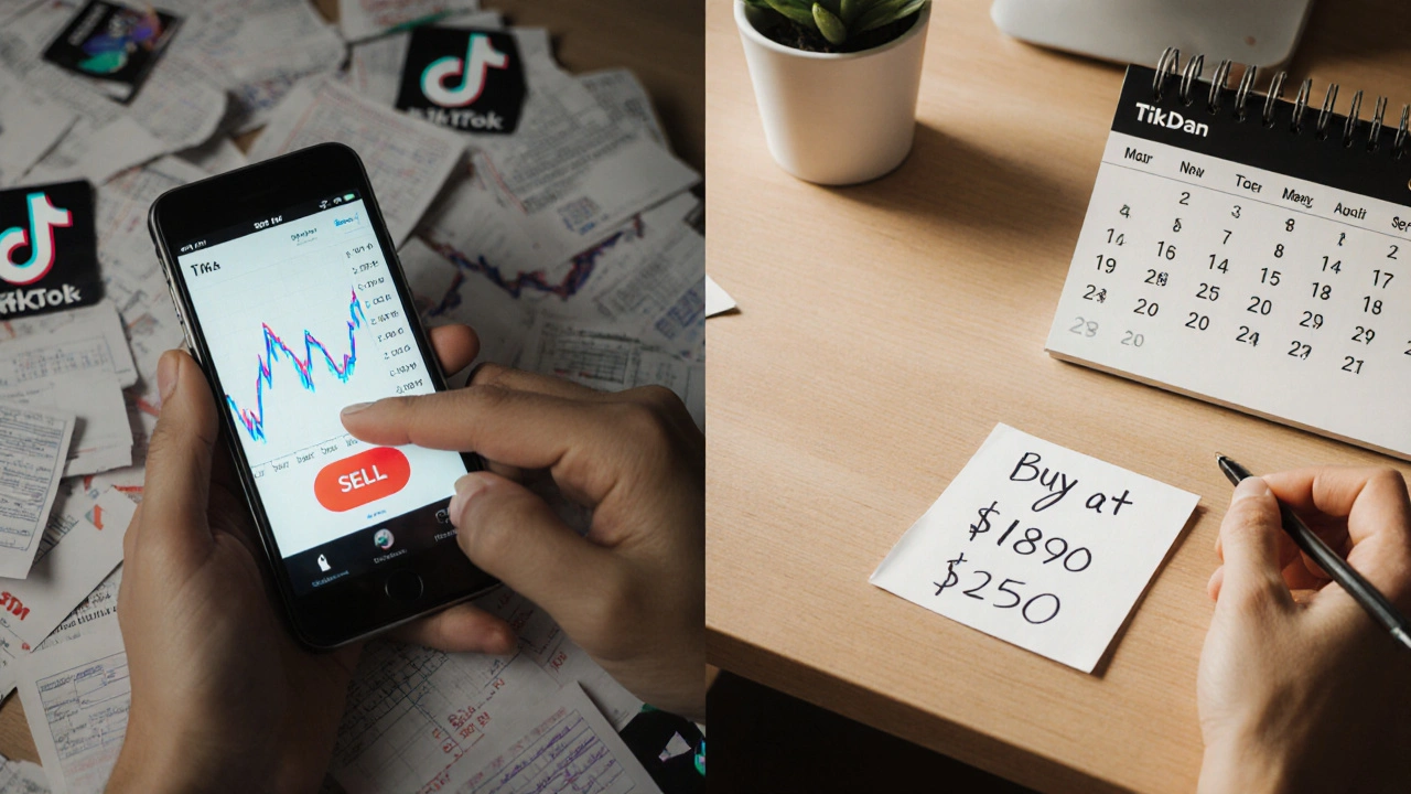 A hand about to sell a losing stock on one side, and calmly placing a trading plan note on a desk on the other.