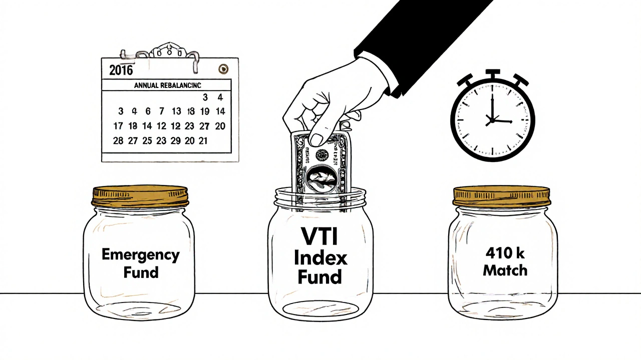 A hand placing a dollar into a jar labeled &#039;VTI Index Fund&#039; beside other labeled savings jars.