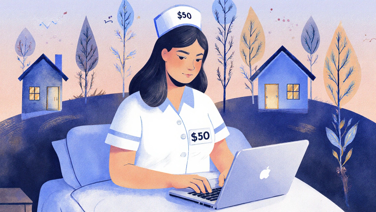 A nurse setting up automatic investment transfers at home, with abstract financial growth emerging behind her.