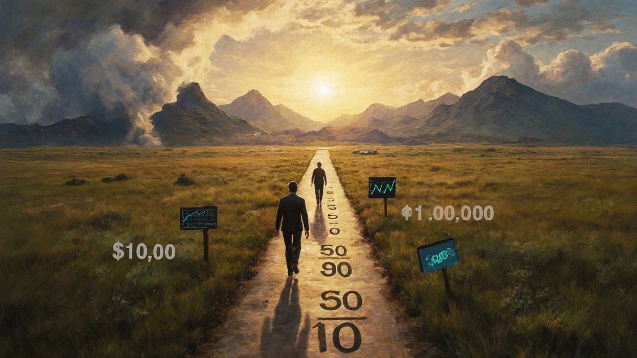 A path through a landscape marking wealth growth from ,000 to  million, with calm mountains ahead.