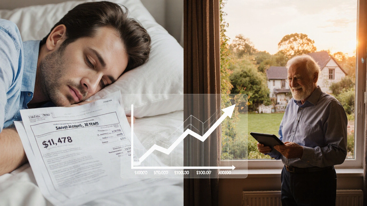 A person at age 65 comparing modest savings to a growing investment, with retirement scene in background.