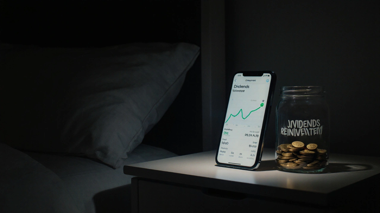 A smartphone showing an investment app glowing on a nightstand beside a jar of reinvested dividends.