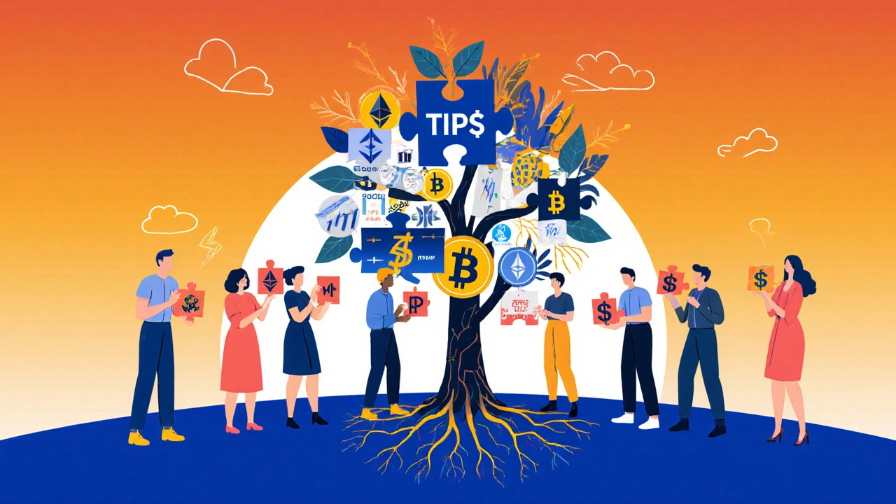 A symbolic collage of people holding puzzle pieces forming a tree made of investment types.