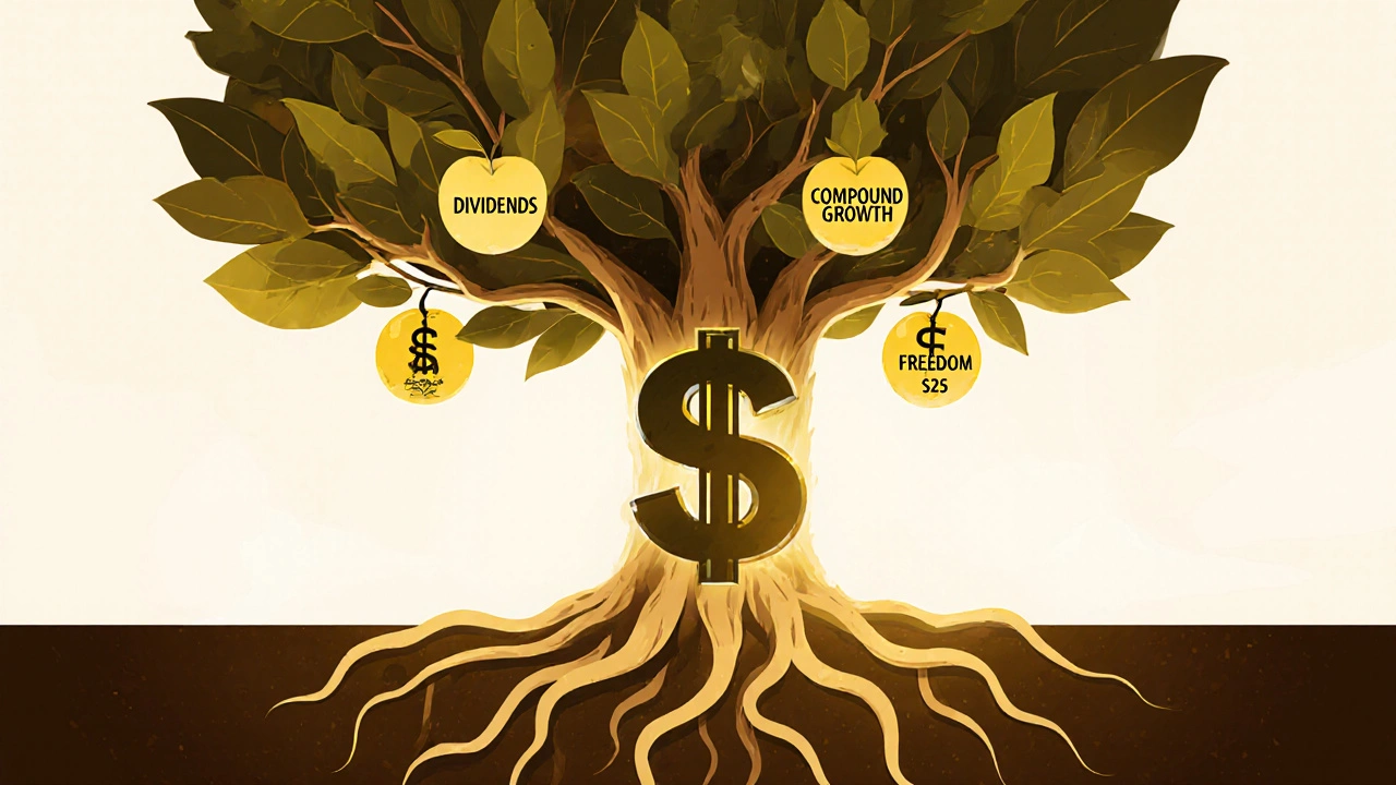 A symbolic tree with financial roots and freedom fruits, growing from consistent small deposits.