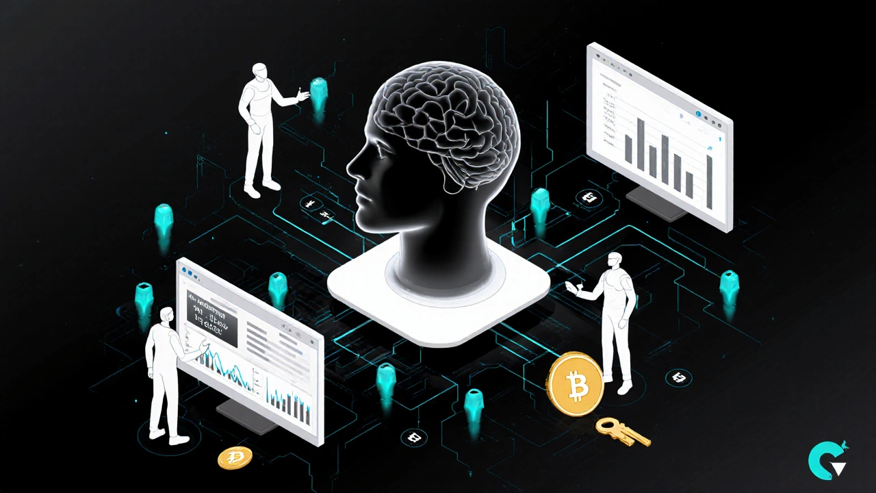 A team of specialized AI collaborators analyzing DeFi data, gas fees, and NFT markets connected by data streams and cryptographic keys.