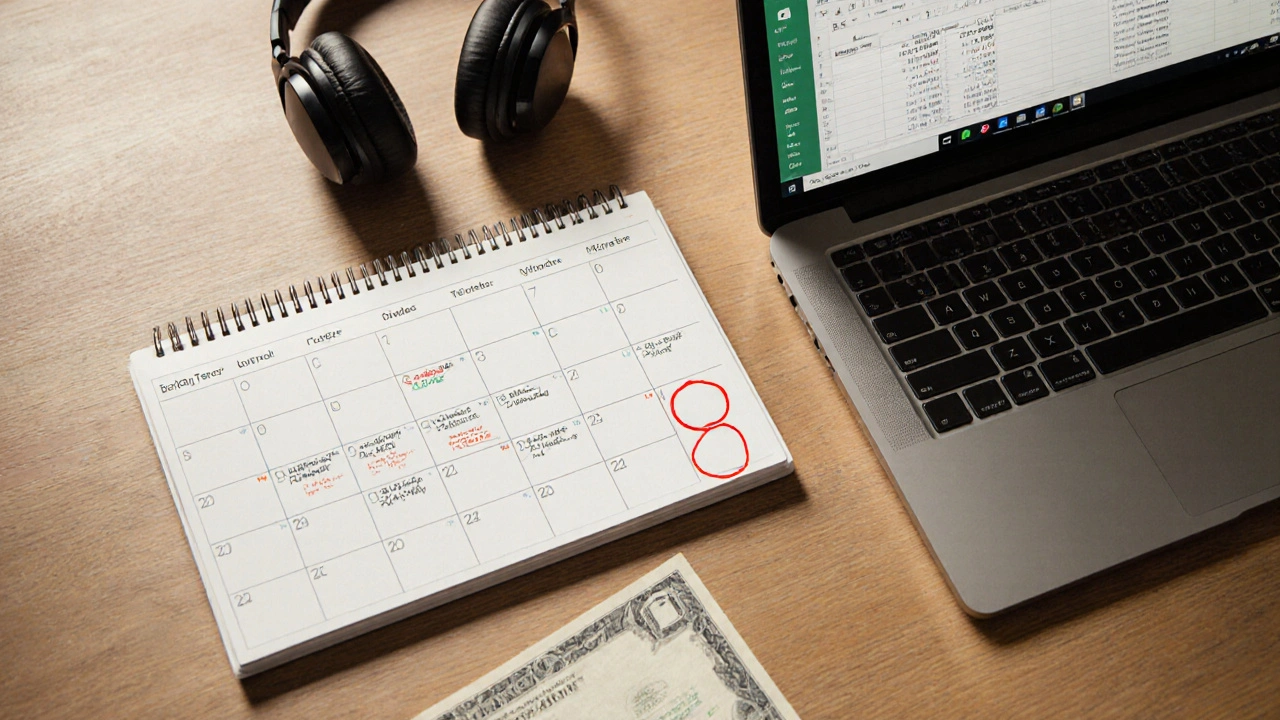 A trading calendar and journal under morning light, showing discipline and routine in stock trading.