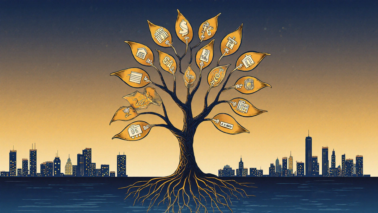 A tree with dollar bill roots and asset icons as branches, growing over a city skyline at twilight.