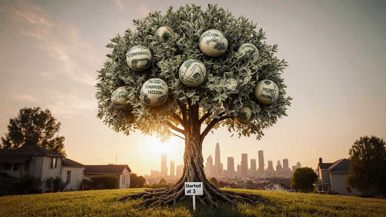 A tree with dollar bill roots and fruit labeled &#039;Compound Growth&#039;, standing in a quiet suburban yard at sunset.