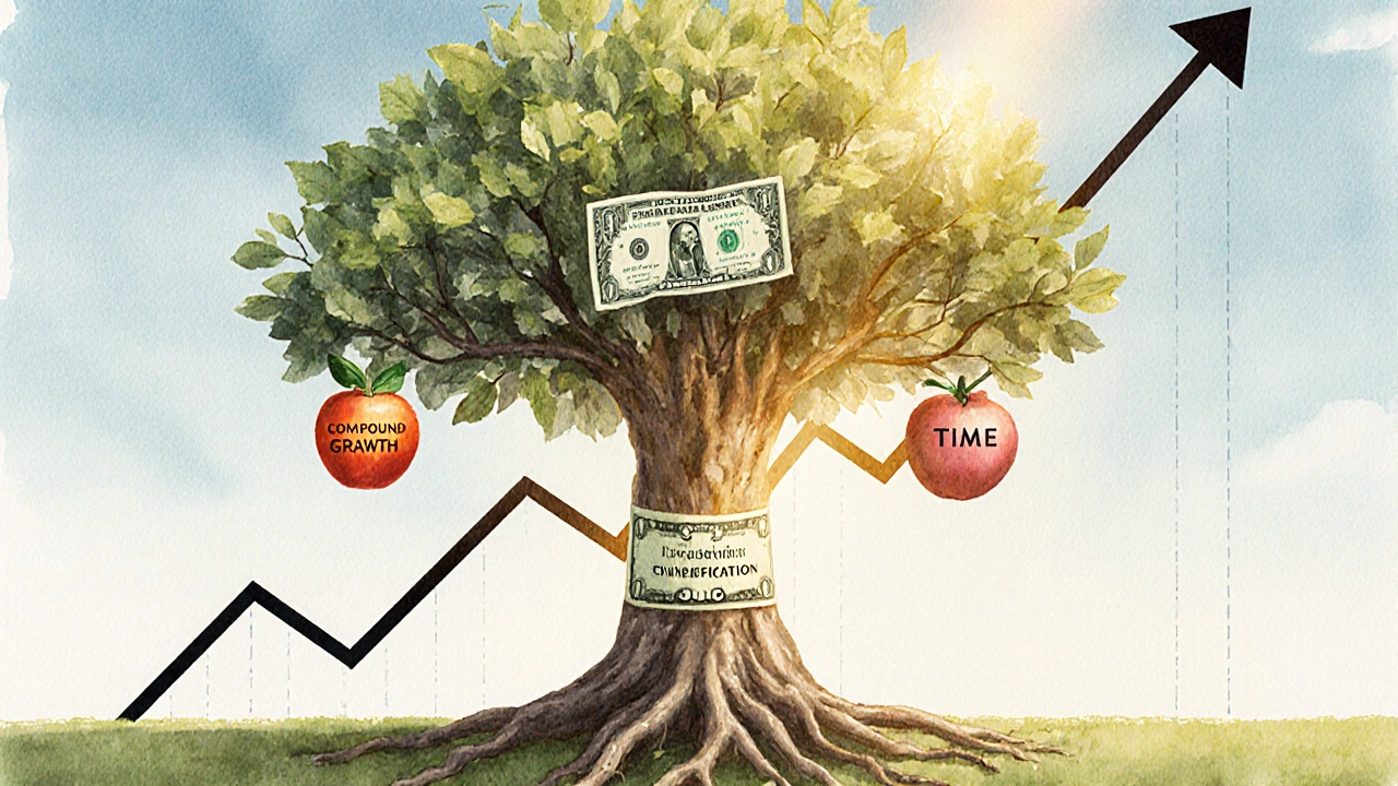 A tree with dollar bill roots and fruit labeled Compound Growth, Diversification, and Time, rising above a stock market curve.