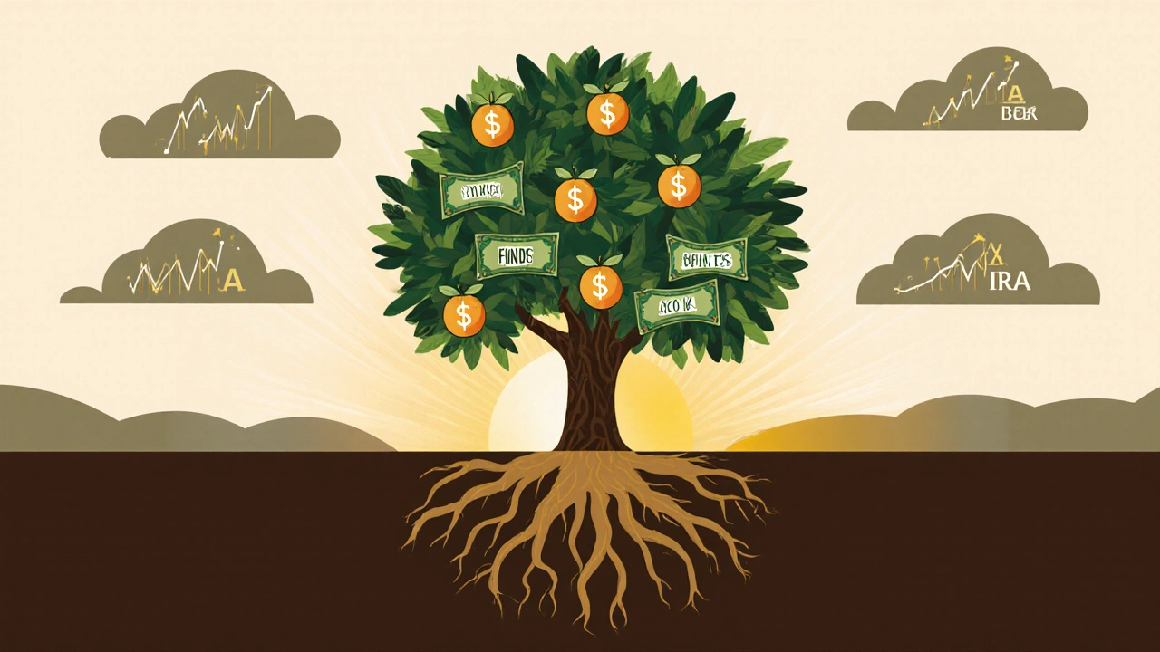 A tree with financial instruments as fruit, symbolizing steady retirement growth through diversified investments.