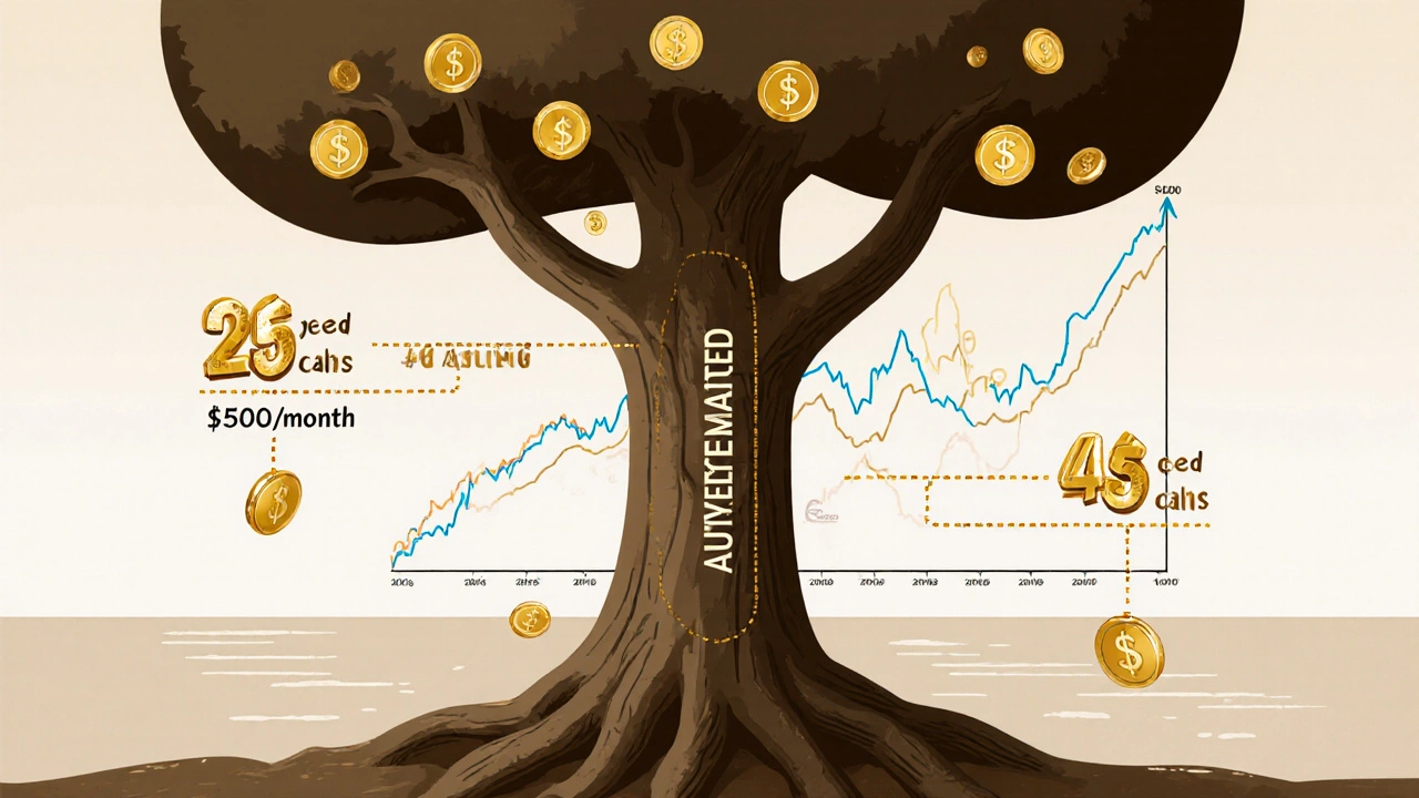 A tree with roots labeled &#039;Automated Investments&#039; and branches growing into golden coins representing compound growth.