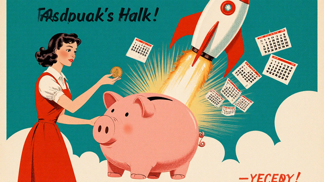 A woman placing a coin into a piggy bank that becomes a rocket soaring past turning calendars and stock charts.